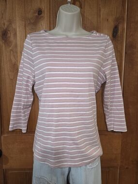 Charter Club Pink and White Striped Boatneck 3/4 Sleeve Top